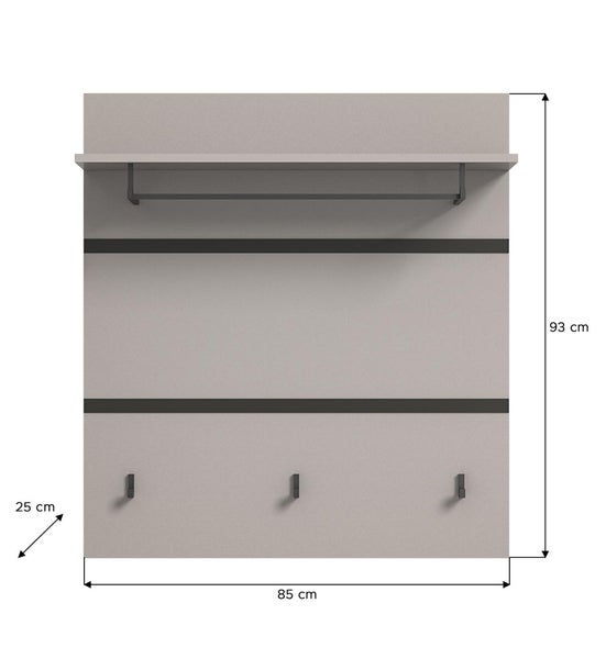 Jaru Wandgarderobe 1 Ablage, 1 Kleiderstange, 3 Kleiderhaken grau,schwarz. 85 X 25 X 93 cm