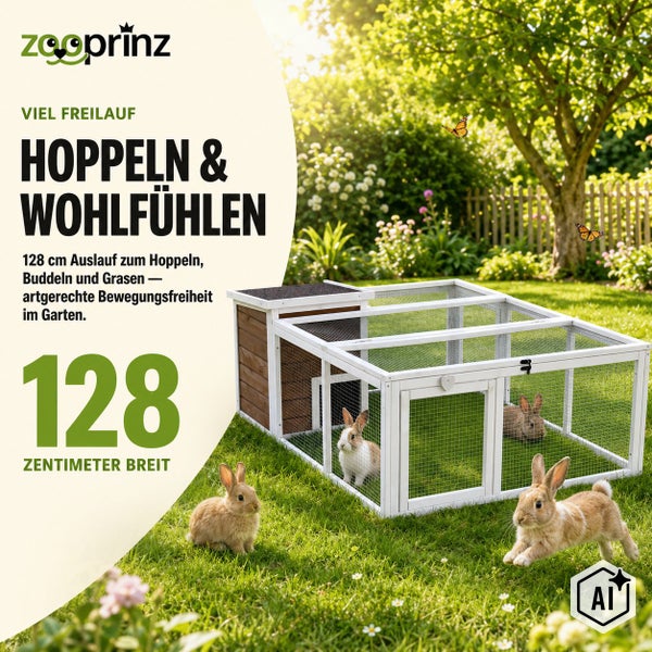 Zooprinz Logo und Hasenstall aus Holz mit Drahtgitter im Garten für Kaninchen und Kleintiere mit 128 Zentimeter Breite für artgerechte Haltung.