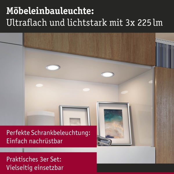 Produktverpackung mit technischen Daten für ein LED Einbaustrahler Set von Paulmann inklusive Maßzeichnungen und Montagehinweisen.