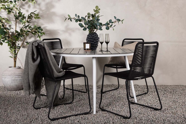 Break Gartenset Tisch Ø120cm grau, 4 Stühle Lindos schwarz. 120 X 120 X 74 cm