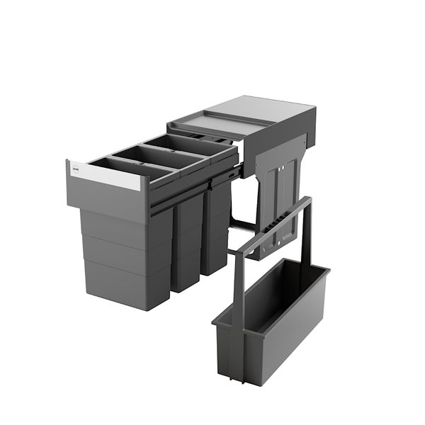 Ausziehbares Abfalltrennsystem für die Küche mit drei Hauptbehältern und einem zusätzlichen Seitenbehälter mit Griff.
