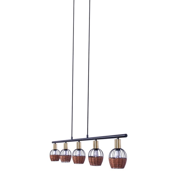 5er Pendelleuchte CORBIS,  Hängelampe aus Metall in Schwarz, mit Gold und Rattan, mit E14-Fassung, für Esszimmer, Wohnzimmer, Diele oder Büro, 100 cm lang