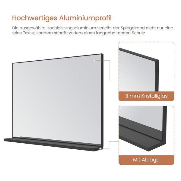 Spiegel mit Aluminiumrahmen drei Millimeter Kristallglas und Ablageflaeche im Detail dargestellt.