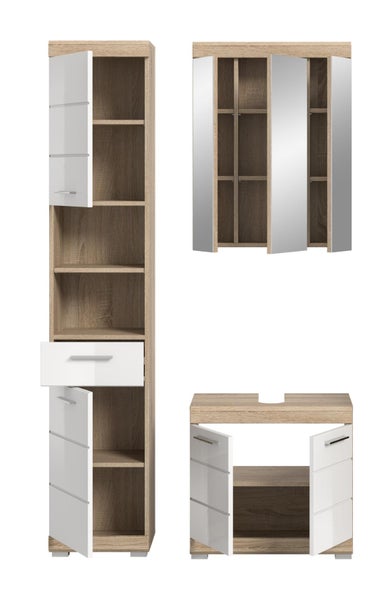Badezimmer-Möbelset bestehend aus Hochschrank, Spiegelschrank und Waschbeckenunterschrank in Eichen-Optik mit weißen Fronten.