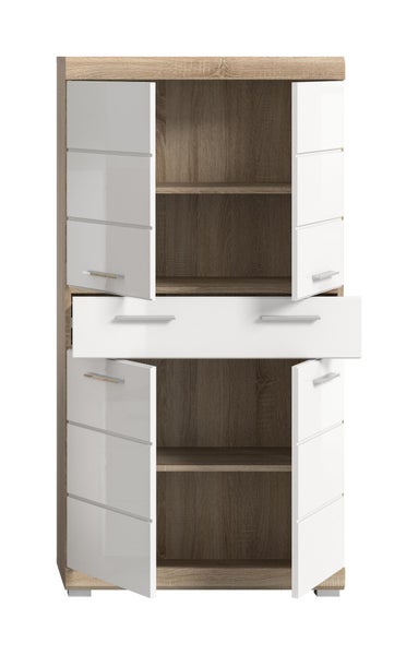 Modernes Highboard mit Holzoptik-Korpus und weißen Hochglanzfronten, vier geöffnete Türen und eine geöffnete Schublade mit Einblick in die Fächer.