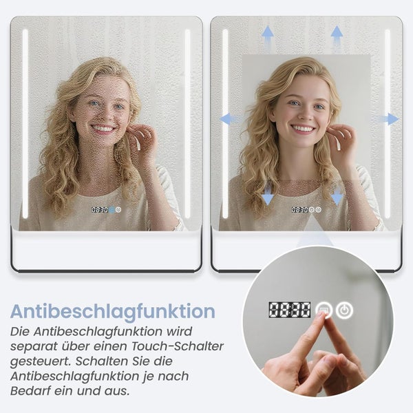 LED Badezimmerspiegel mit Antibeschlagfunktion und integrierter Uhr, steuerbar über Touchschalter, zeigt Funktion vor und nach der Aktivierung.
