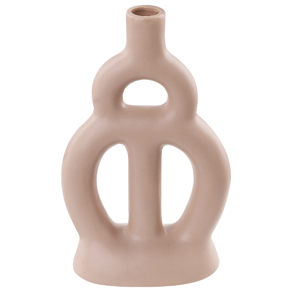 Abstrakte beige Keramikvase mit organischen Formen und dekorativen Aussparungen.