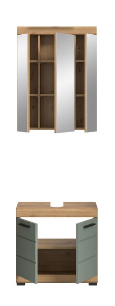 Badezimmerset mit dreitürigem Spiegelschrank und zweitürigem Waschbeckenunterschrank in Eiche-Dekor und Salbeigrün, Türen geöffnet.