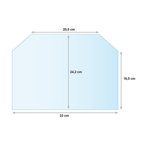 Maßzeichnung Kaminglas: Breite unten 33 Zentimeter, oben 20,5 Zentimeter, Höhe 24,2 Zentimeter, Seitenhöhe 16,5 Zentimeter.