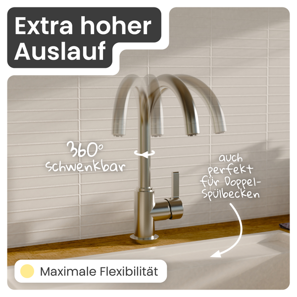 Spültischarmatur mit hohem Auslauf und 360 Grad Schwenkbereich für maximale Flexibilität