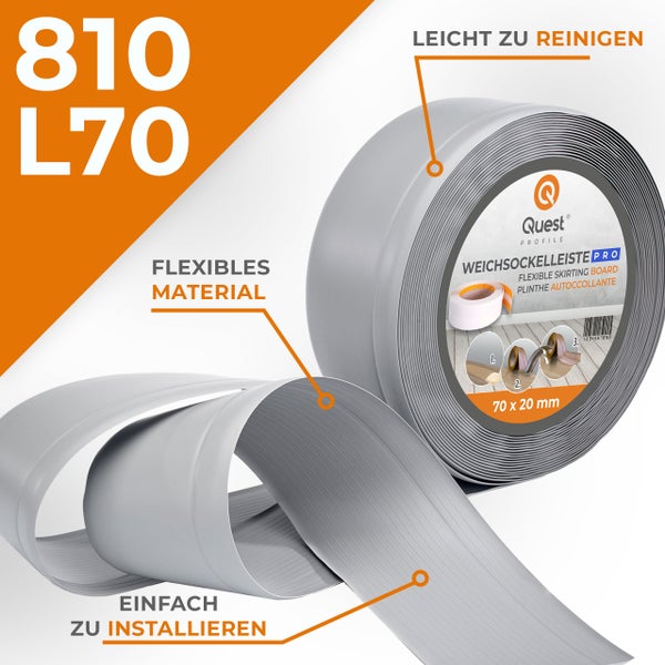 Quest Weichsockelleiste, Breite Sockelleiste 70 x 20 mm, PVC Knickleiste für Wand, Boden, Flexibel, Grau, 1 Meter