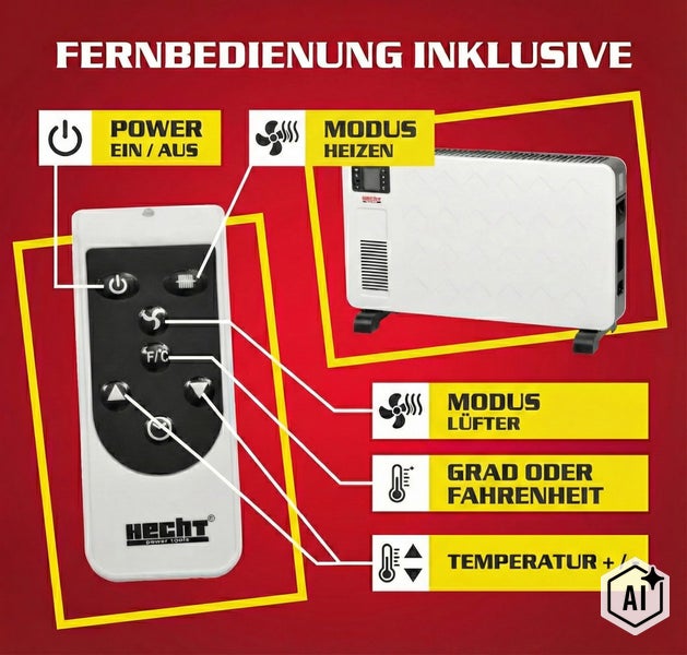 Heizkonvektor von Hecht mit Fernbedienung und Funktionsübersicht der Tasten für Power, Heizmodus, Lüfter, Temperatureinheit und Einstellung.
