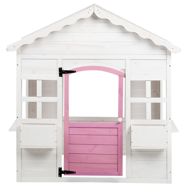 Weißes Kinderspielhaus mit rosa Tür
