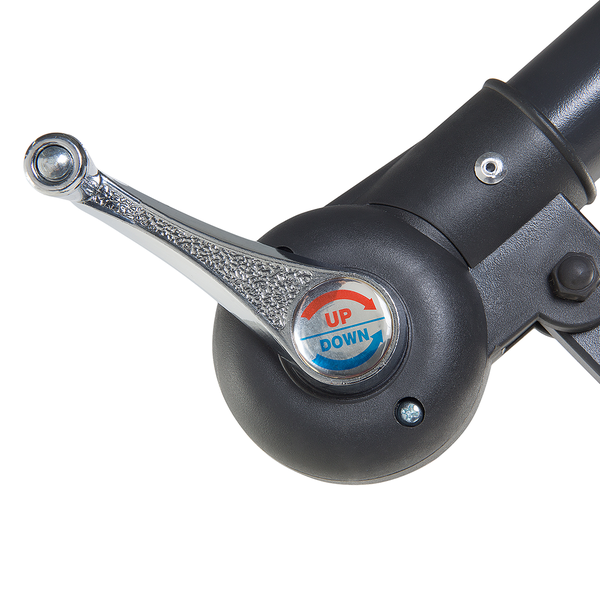 Kurbel zur Höhenverstellung eines Sonnenschirms mit Auf- und Ab-Anzeige.