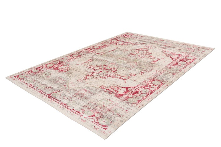 Rechteckiger Vintage-Teppich mit orientalischem Muster, Medaillon-Design und Used-Look in Creme, Rot und Grau.