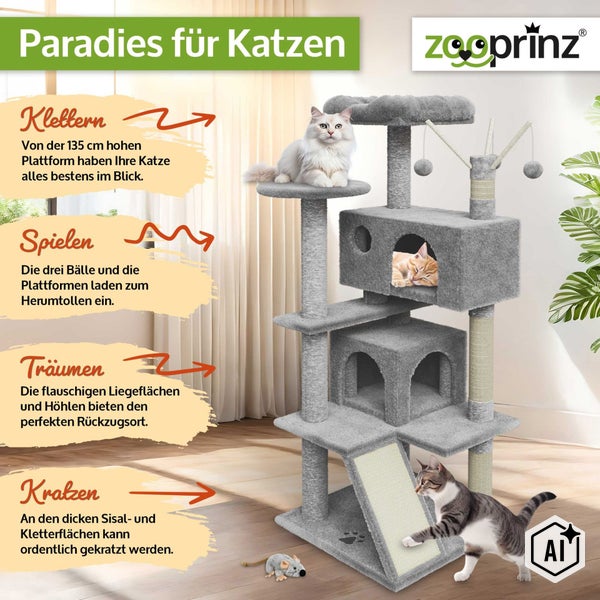 135 cm hoher Katzenkratzbaum mit mehreren Liegeplattformen, Hoehlen, Spielbaellen und Sisalflaechen fuer Katzen, Markenlogo Zooprinz.