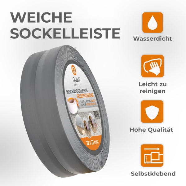 Quest Weichsockelleiste Selbstklebend 32 x 23 mm, PVC Sockelleiste, Flexibel, Dunkelgrau, 5 Meter