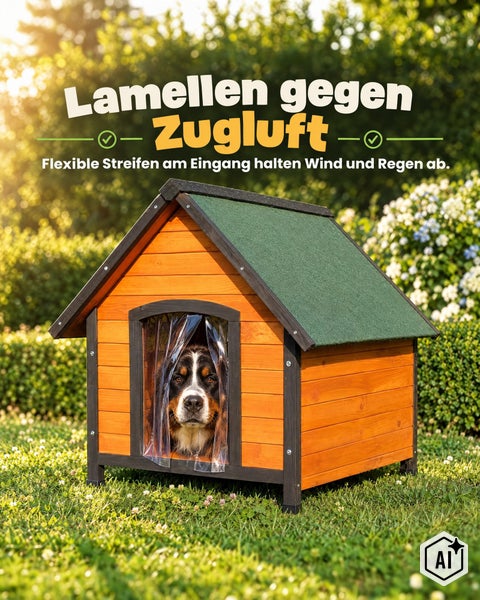 Holzhundehütte für den Garten mit Lamellenvorhang als Windschutz und Regenschutz. Ein Hund blickt aus der isolierten Hundehütte heraus.