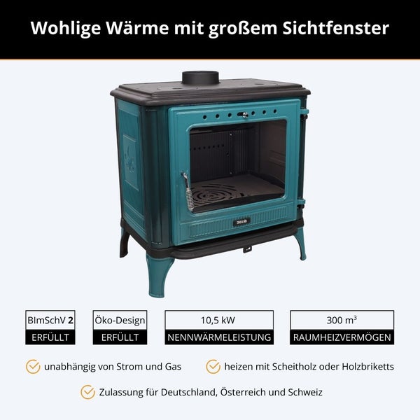 Kaminofen mit großem Sichtfenster, 10,5 Kilowatt Nennwärmeleistung, 300 Kubikmeter Raumheizvermögen. Erfüllt BImSchV 2 und Öko-Design.