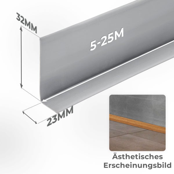 Quest Weichsockelleiste Selbstklebend 32 x 23 mm, PVC Sockelleiste, Flexibel, Hellgrau, 10 Meter