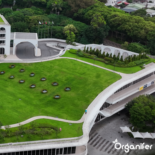 Luftaufnahme eines Gebäudes mit Rasenfläche und begrünten Dächern