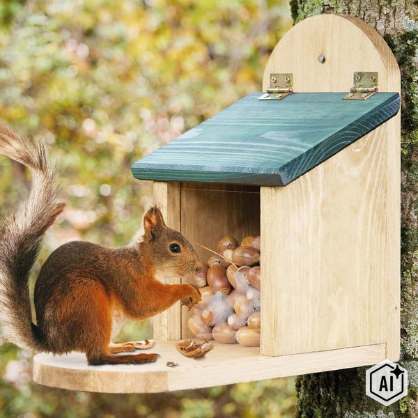 Eichhörnchenkobel aus Holz mit aufklappbarem Dach und Futterplatz an einem Baum befestigt