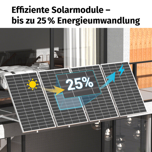 Balkon-Solaranlage mit vier Modulen und einer Energieumwandlung von bis zu 25 Prozent.