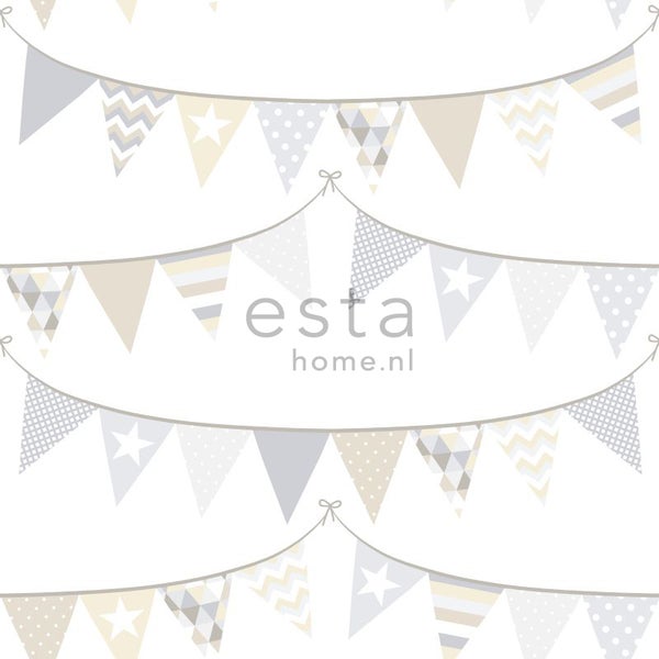 ESTAhome Tapete Girlande Hellgrau, Beige und Weiß - 53 cm x 10.05 m - 128709