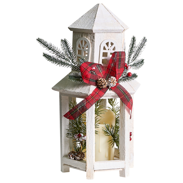 Dekorative Laterne aus Holz mit Kerze, Schleife und Tannenzweigen