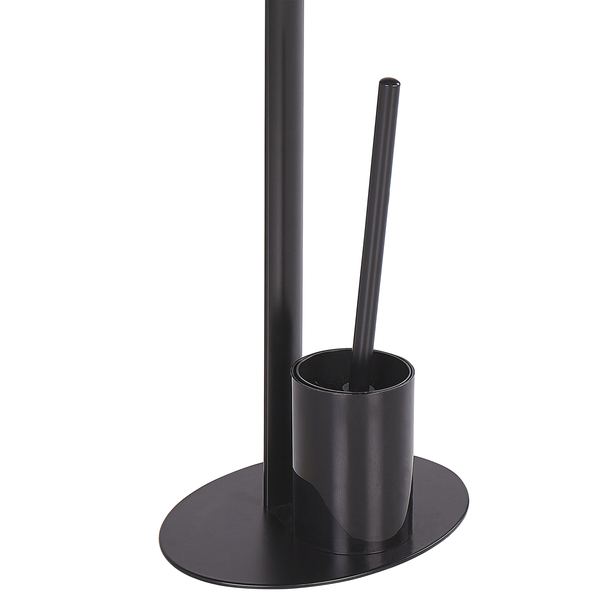 Freistehende Toilettengarnitur aus schwarzem Metall mit Toilettenbürstenhalter und Haltestange für Toilettenpapier auf einem ovalen Standfuß.