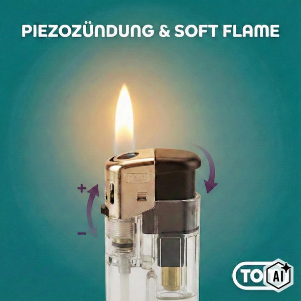 TOM Feuerzeug mit Piezozündung und einstellbarer Softflamme inklusive Produktlogo