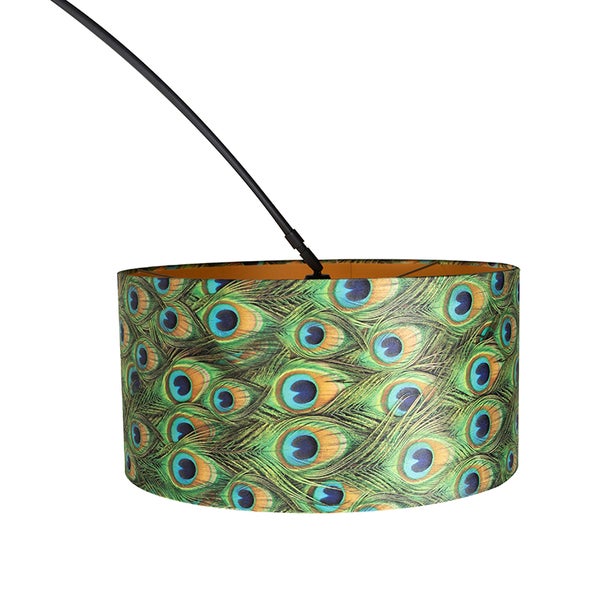 Botanische Bogenlampe mit schwarzem Samt-Schirm Pfauen-Design 50 cm - XXL