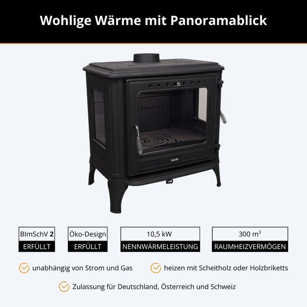 Kaminofen mit Panoramablick, 10,5 Kilowatt Nennwärmeleistung, 300 Kubikmeter Raumheizvermögen, erfüllt BImSchV 2 und Öko-Design Richtlinien.
