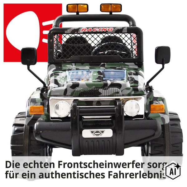 Elektro Kinder Jeep im Tarnmuster mit Maßangaben 116 mal 62 mal 80 Zentimeter und Silhouette eines Kindes zum Größenvergleich.