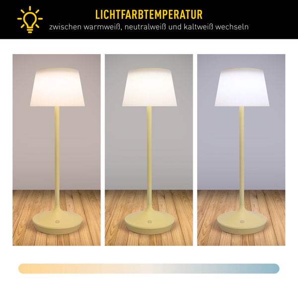 Solar-Akkutischleuchte EMMI  38 cm hoch, Schirm Ø 13 cm, Metall in Gelb und weißer Kunststoff, für den Außenbereich, dimmbar CCT.