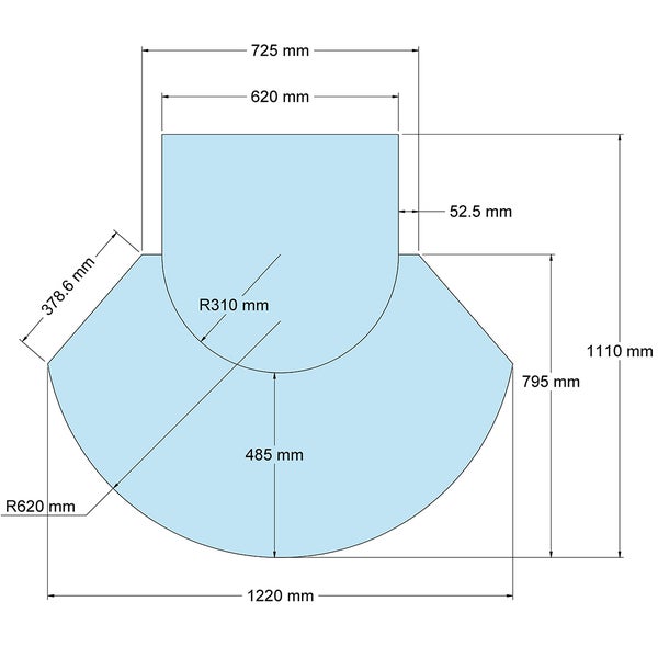 Technische Zeichnung einer Funkenschutzplatte mit den Maßen 1220 mal 1110 Millimeter, abgerundete Form, Radius 620 Millimeter.