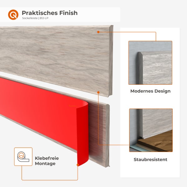 Sockelleiste mit Klebestreifen für eine klebstofffreie Montage