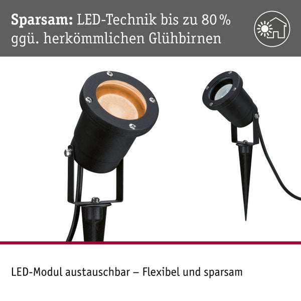 Zwei schwarze Gartenstrahler im Garten und das Symbol für insektenfreundliches Licht.