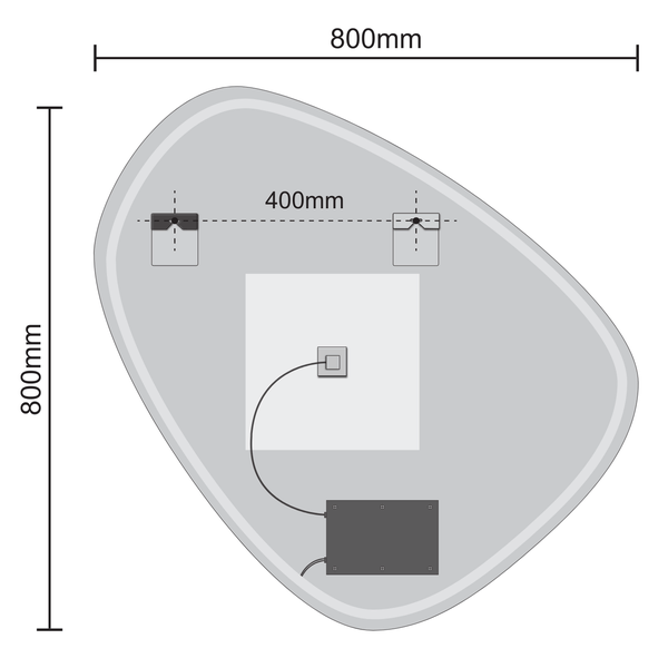 Technische Zeichnung eines asymmetrischen Wandspiegels mit Maßen von 800 mal 800 Millimetern und Befestigungspunkten für die Montage.