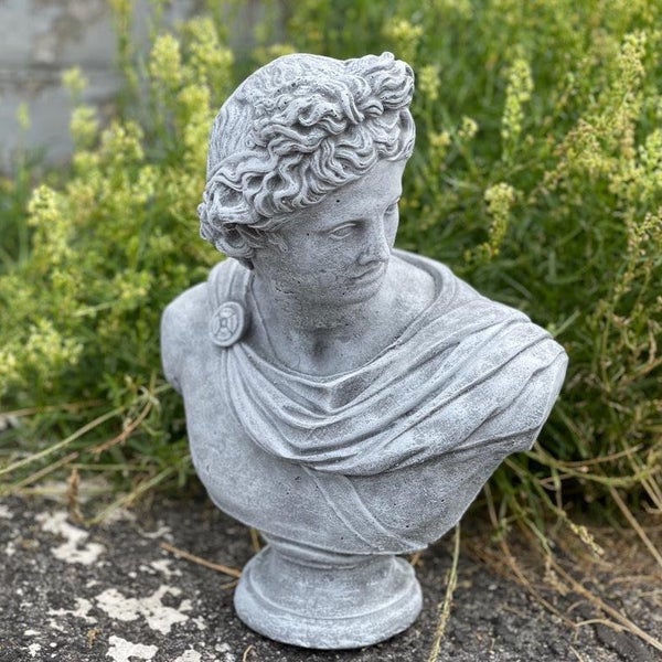 Dekorative Gartenbüste aus Stein in Form eines männlichen Kopfes zur Gestaltung von Gartenanlagen.