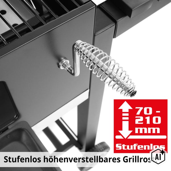 Stufenlos höhenverstellbarer Grillrost mit Kurbelgriff zur präzisen Einstellung zwischen 70 und 210 Millimetern für Holzkohlegrill.