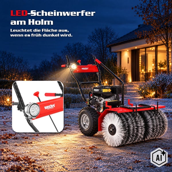 Kehrmaschine mit LED Scheinwerfer am Führungsholm für gute Sicht bei Dunkelheit