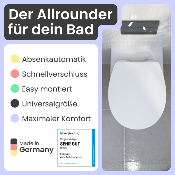 Weißer Toilettendeckel, Absenkautomatik, Schnellverschluss, Universalgröße. Made in Germany Siegel und Vergleich.org Logo Vergleichssieger Sehr Gut.