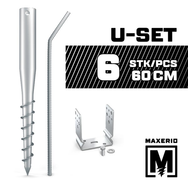 MAXERIO® 60 cm 6er U-Set + 9 cm Pfostenträger für Schraubfundament Bodenhülse Erdanker Erdschraube Einschraubhülse Erdschraubenfundament Bodenanker Schraubanker Fundament für Spielturm Zaun Pfosten Pavillon