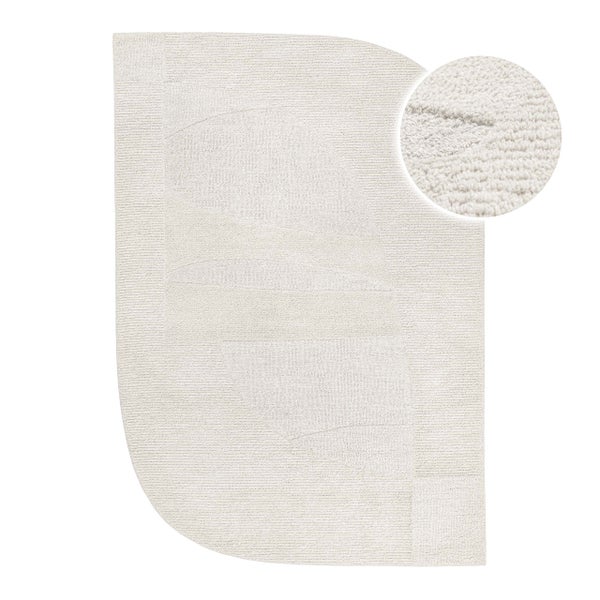 Moderner, asymmetrischer Teppich in Beige mit strukturierter Oberfläche und Detailansicht der Webstruktur.