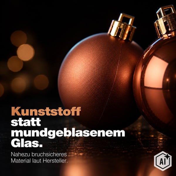 Zwei bruchsichere Weihnachtskugeln aus Kunststoff mit Aufhänger, matt und glänzend.