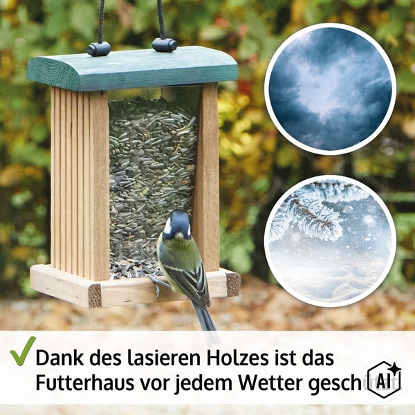 Wetterfestes Vogelfutterhaus aus Holz mit glasiertem Dach und hängender Konstruktion für verschiedene Wetterbedingungen.