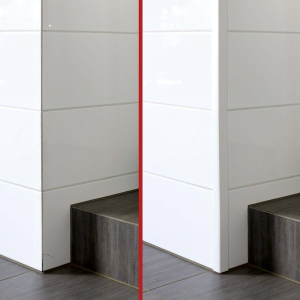 Vorher-Nachher-Bild: Ecke mit Fliesen, vor und nach der Fugensanierung.