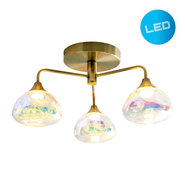 LED Deckenleuchte 3-flammig VARNA, Deckenlampe aus messingfarbenem Metall und irisierendem Glas, mit fest verbauten LEDs, 42 cm Durchmesser, stilvolle Beleuchtung für Wohnzimmer, Esszimmer oder Diele