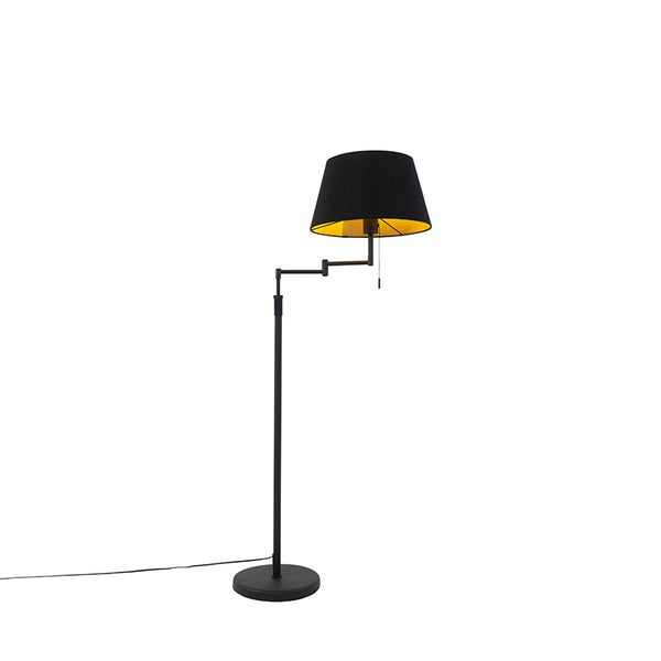 QAZQA - Modern Stehlampe schwarz mit schwarzem Schirm und verstellbarem Arm - Ladas I Wohnzimmer I Schlafzimmer - Textil Rund - LED geeignet E27